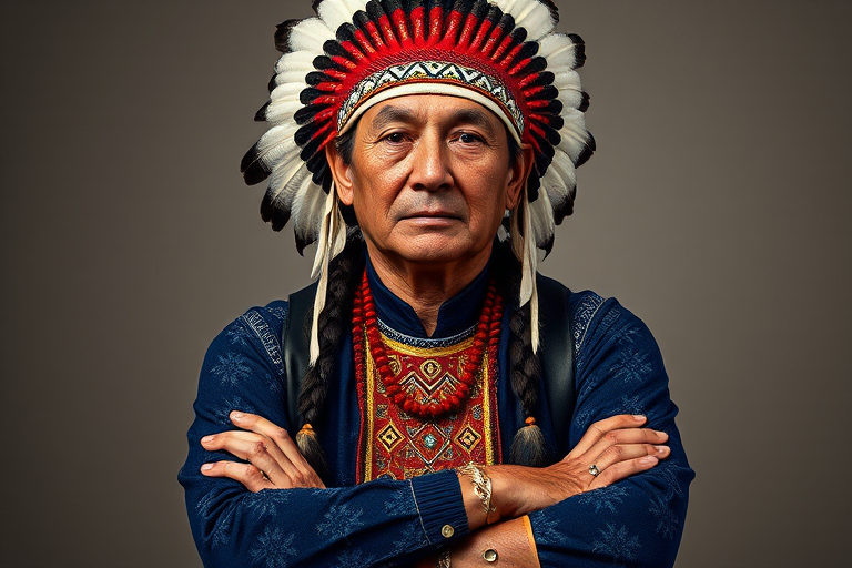 Create a dignified portrait of a Native American man dressed in traditional attire. He wears a beautifully crafted headdress adorned with white feathers and red beads, along with a beaded headband featuring intricate patterns. His clothing includes a deep blue, patterned shirt and a traditional chest piece with detailed beadwork. His arms are crossed, displaying leather armbands decorated with feathers. The background is simple and neutral, emphasizing his proud and stoic expression. The overall image captures the rich cultural heritage and strength of his persona.