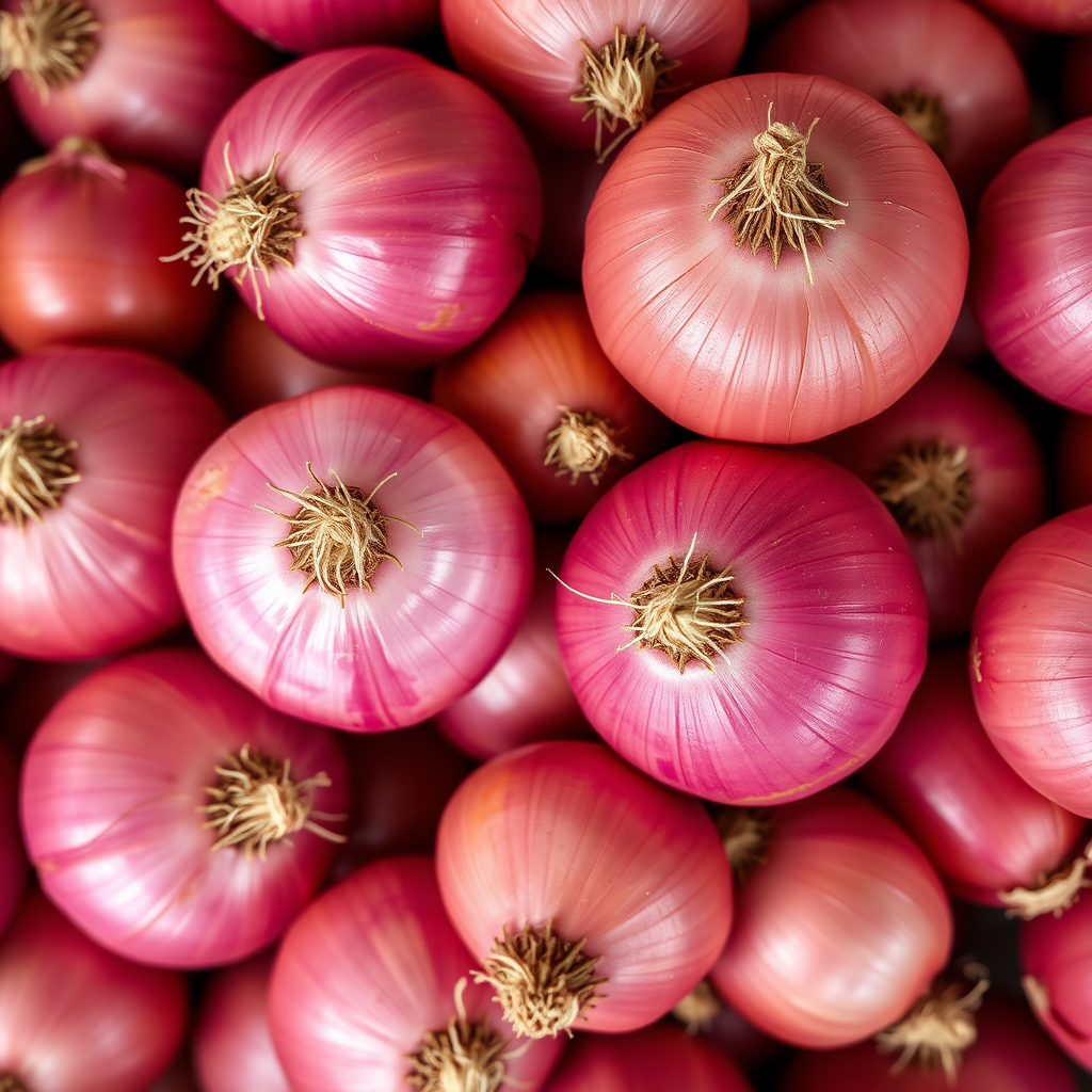 Close-up shot of fresh red onions arranged densely, natural lighting for vibrant colors, DSLR camera, f/2.8 aperture, 50mm lens, ISO 100, shallow depth of field, top-down view.