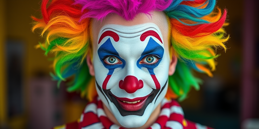 Create a vibrant portrait of a clown with multicolored hair and dramatic makeup, shot with a Canon EOS R5, 85mm f/1.2 lens, ISO 100, aperture f/2.8, in a bright, colorful studio setting with soft lighting.