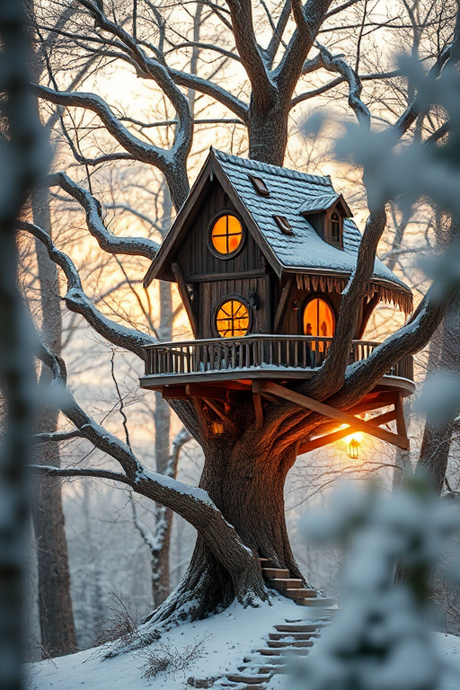 Create a whimsical scene of a treehouse with intricate architecture nestled among snowy trees at dawn, soft focus, with a Canon EOS R5, 35mm lens, f/2.8, ISO 100, shutter speed 1/200 sec, warm golden lighting, and a dreamy atmosphere.