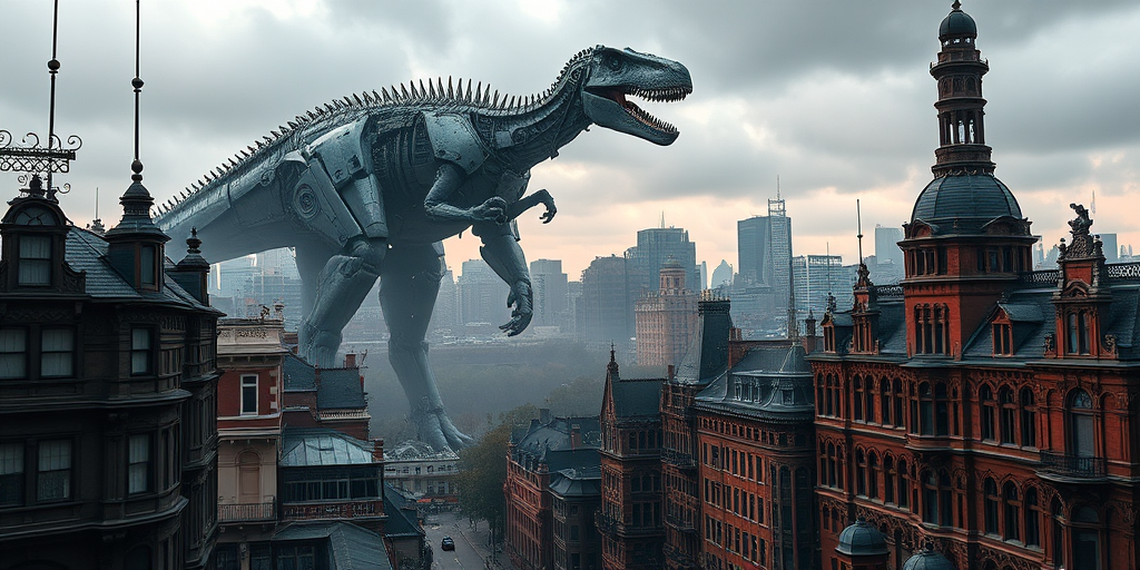 Create a high-resolution image of a mechanical dinosaur towering over a Victorian cityscape with steam-punk elements, shot using a DSLR camera at f/8, 1/250 sec, ISO 400, with a wide-angle lens at 24mm to capture the grandeur of the scene.
