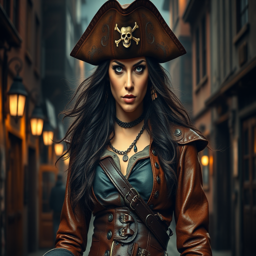 Create a portrait of a fierce female pirate. She wears a leather tricorn hat adorned with a skull and crossbones emblem, and her long, dark hair flows around her face. Her outfit consists of a richly detailed leather jacket, a corset, and multiple layers of belts and accessories, giving her a formidable and stylish appearance. She stands confidently in a dimly lit, historic port town, with a backdrop of weathered buildings and cobblestone streets, capturing the adventurous spirit of a pirate.