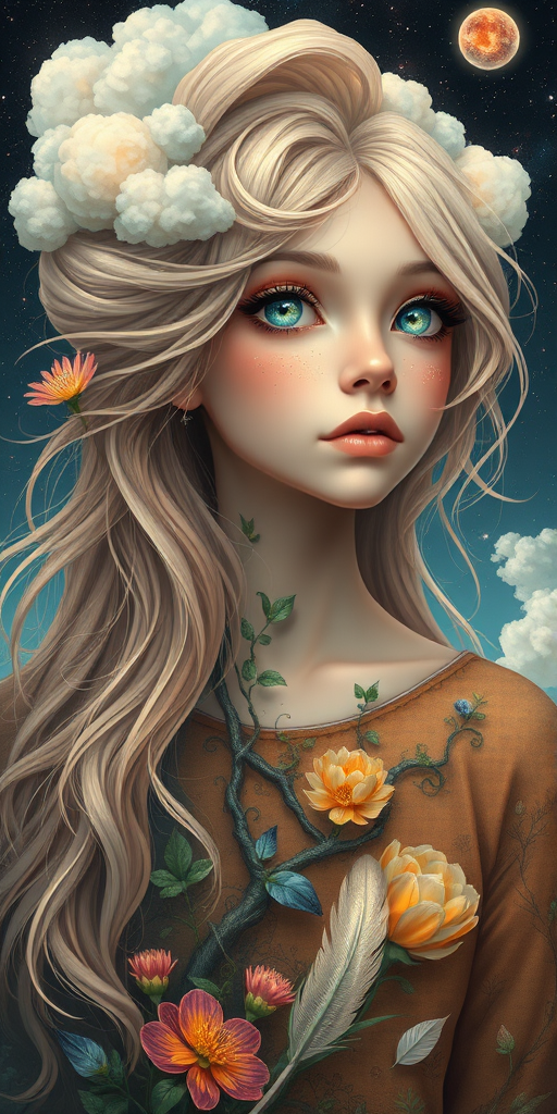 Create a series of imaginative portraits where each subject is infused with elements of fantasy and nature. The hair of the individuals should flow like clouds, varying from soft, fluffy cumulus to wispy cirrus strands, with hints of color reflecting a sunset or a clear blue sky. The eyes should be windows to entire galaxies, with stars, nebulae, and distant planets visible within them. Clothing should be adorned with nature motifs, such as floral patterns that bloom and change, vines that seem to grow and wrap around, or feathers that shimmer with iridescence. Each portrait should capture a unique personality, blending human features with the ethereal beauty of the natural and cosmic world. The backgrounds can vary, from starry night skies to enchanted forests, adding depth and context to the magical realism of the portraits