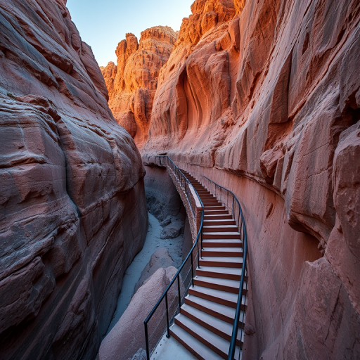 Generate an image of a winding staircase in a rocky canyon during golden hour, captured with a DSLR camera at f/8, 1/125 sec, ISO 200, using a wide-angle lens, in high dynamic range style.