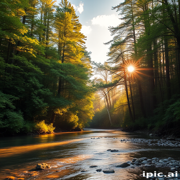 Create an image of a serene, sunlit forest scene with a clear, gently flowing river. Tall trees with lush green foliage line both sides of the river, their leaves bathed in the warm golden light of the setting or rising sun. The sunlight filters through the trees, casting soft, dappled light on the river, which flows over smooth rocks and pebbles, creating a peaceful, natural atmosphere. The sky is bright with a few scattered clouds, and the overall mood is tranquil, evoking a deep sense of connection with nature. The image captures the beauty of a calm, pristine forest landscape at either dawn or dusk.