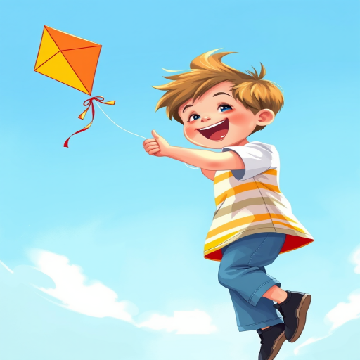 Create a vibrant illustration of a happy child flying a colorful kite on a clear blue sky background, using a digital painting style, with soft edges and a playful atmosphere; camera settings: ISO 100, aperture f/8, shutter speed 1/250s; camera type: digital SLR; camera view: eye level.