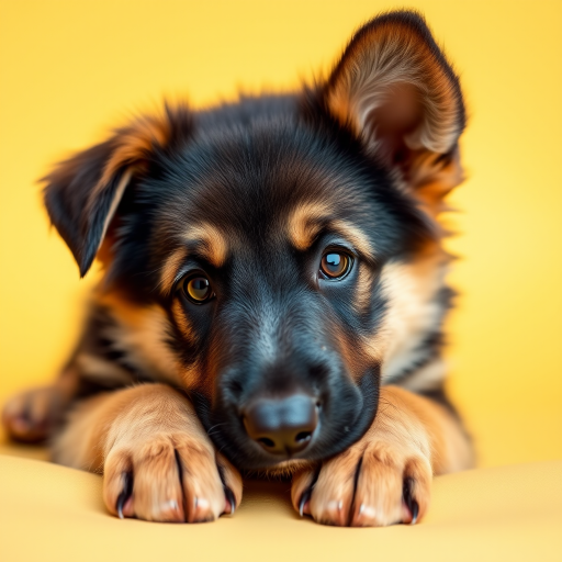 Generate a high-quality image of a German Shepherd puppy with paws resting on a vibrant yellow background, using a DSLR camera, aperture f/1.8, ISO 100, 50mm lens, and a soft focus effect for a warm, captivating look.