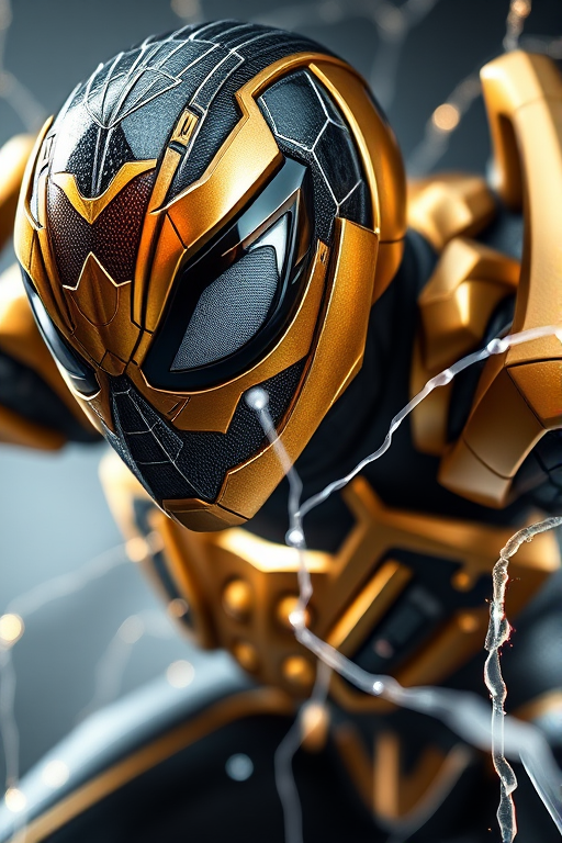 Create a highly detailed image of an armored spider superhero with golden and black metallic textures, showcasing electric energy coursing through the suit, captured in a low-angle shot with a shallow depth of field, using a DSLR camera set to 50mm f/1.8, ISO 100, and 1/200 sec shutter speed to enhance clarity and vibrancy.