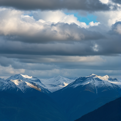 High-resolution landscape photograph of snow-capped mountains under dramatic, cloudy skies, captured with a Canon EOS R5, 24mm lens, aperture f/8, ISO 100, at a wide-angle perspective for enhanced depth and clarity.