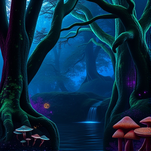 A mystical forest at twilight, with enormous ancient trees covered in luminescent moss, glowing in shades of teal and purple. A soft mist hangs in the air, and small magical creatures like fireflies or sprites float around. The forest floor has clusters of exotic mushrooms with bioluminescent caps. In the background, a small, cascading waterfall feeds a crystal-clear pond reflecting the surreal colors of the scene.