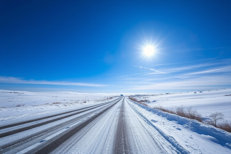 winter landscape with a snow-covered road in a bright blue sky, wide angle view, f/8 aperture, ISO 100, 1/200 sec shutter speed, DSLR camera, high dynamic range imaging