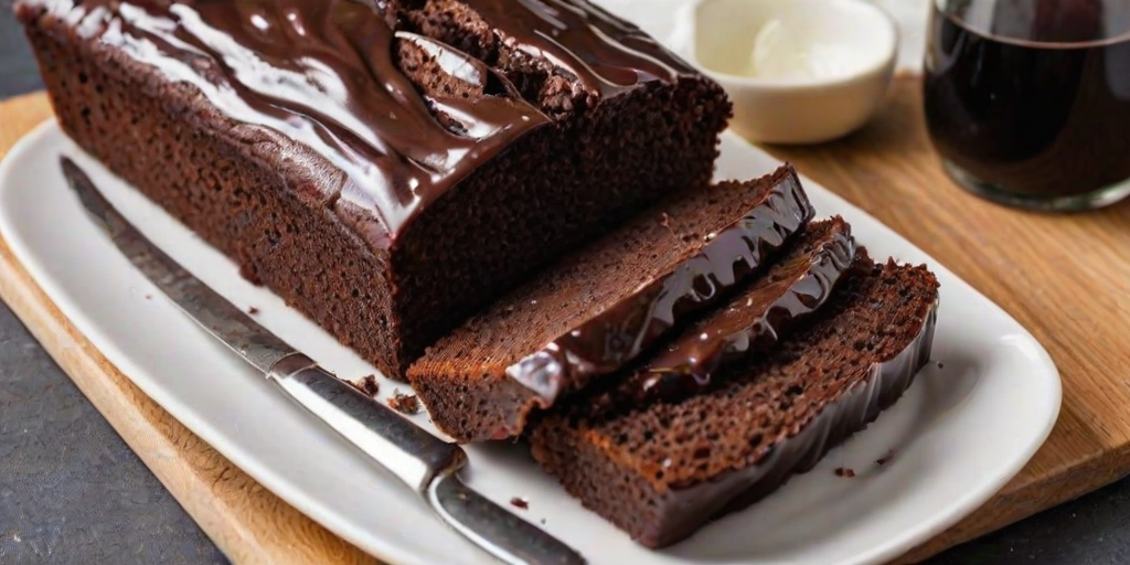 Create an image of a moist chocolate loaf cake sliced, showcasing its rich, dark interior. The slices should be drizzled with shiny chocolate glaze, placed on a white plate with a simple background.