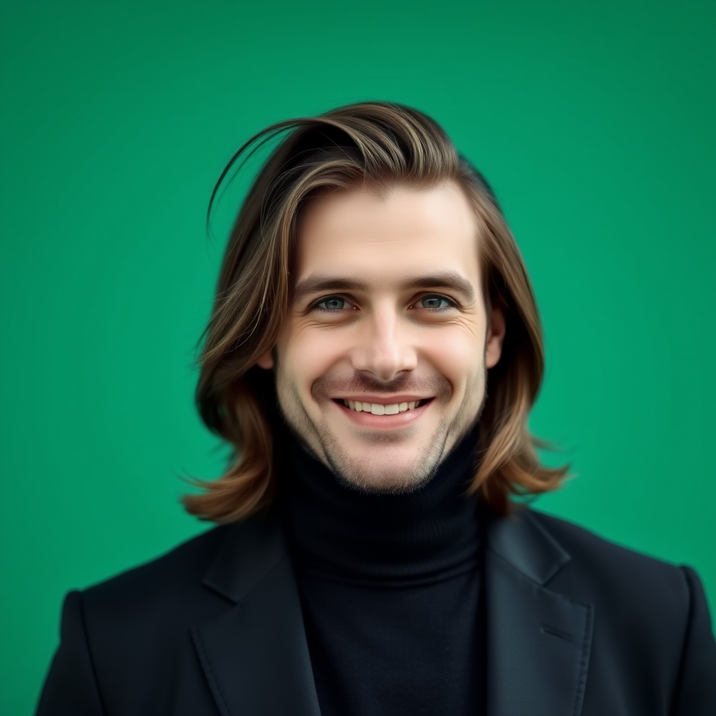 portrait of a man with long hair wearing a stylish suit and turtleneck, smiling against a green background, 50mm lens, f/1.8 aperture, ISO 100, natural light, shallow depth of field, taken with a DSLR camera