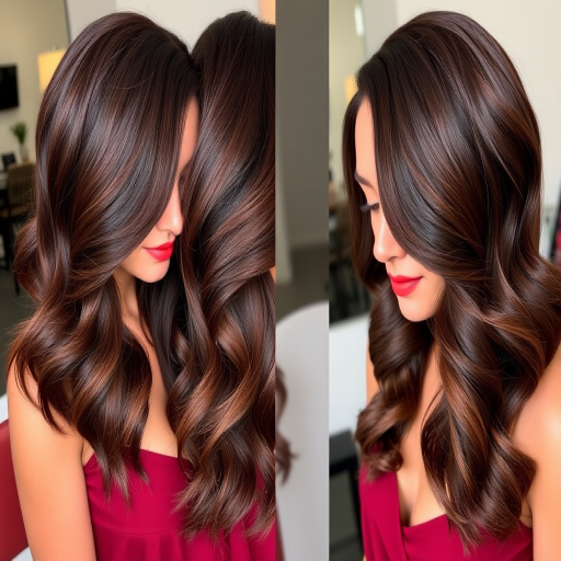 Luxurious chocolate cherry ombre styled in glamorous old Hollywood waves, with a deep side part and glossy finish for red carpet readiness