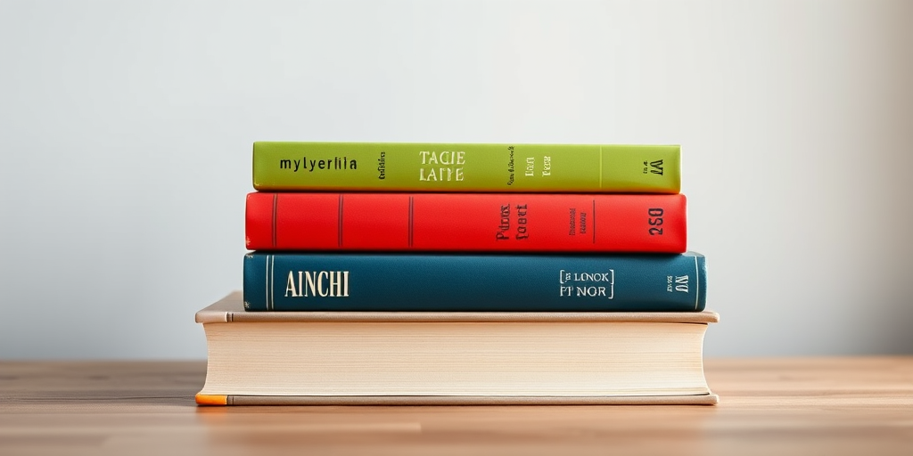create an image of three stacked books with colorful spines in a flat design style, use a Canon EOS R5 camera with a 50mm lens, aperture f/2.8, ISO 100, natural lighting from the left, and a soft focus background to enhance image quality