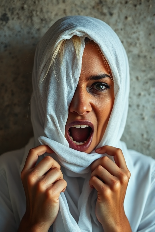 Create a close-up photographic image of a Cape Verdean woman with light skin tones shown against an old, worn wall. Their head is wrapped in a white cloth covering (i.e.... parts of the head except the nose and mouth, which are open as if they are screaming...), with a slight texture and visible folds in the fabric. Thin strands of blonde hair escape from the wrapping above, falling lightly at the top and sides. Their hands hold the fabric as if they are tugging nervously. The lighting is dramatic and even, casting strong shadows. The image has a minimalist and surreal style with an emphasis on simplicity with soft color tones. The composition is centered.