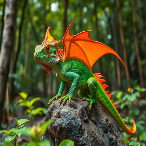 Generate a vibrant image of a colorful dragon perched on a rock in a lush forest, with vivid green scales, bright orange wings, and intricate details, shot with a Canon EOS R5, 50mm lens, f/1.8 aperture, ISO 100, natural lighting, wide angle view.