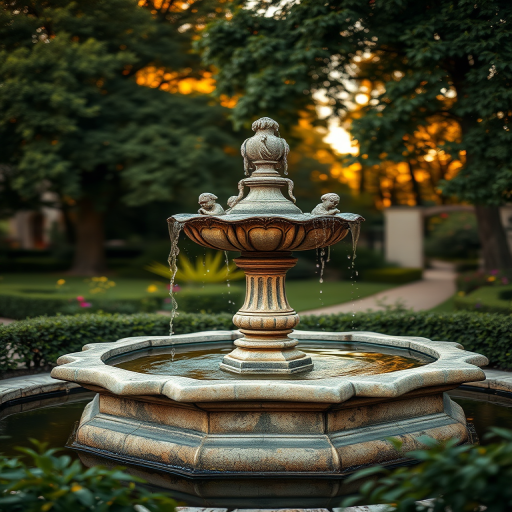 historic stone fountain in a lush garden, taken at golden hour, 50mm lens, f/1.8 aperture, ISO 100, 1/200 sec shutter speed, soft focus background, DSLR camera, portrait orientation