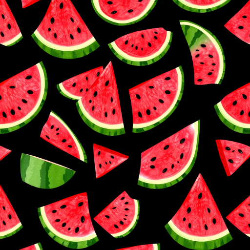 Create a seamless pattern of watermelon slice illustrations on a black background, captured with a Canon EOS R5, 50mm lens, f/8 aperture, ISO 100, top-down view, digital illustration style.