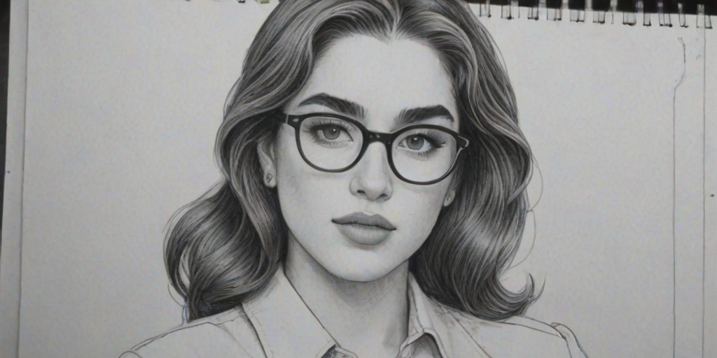Wonderful Lauren Jauregui, pencil sketch, portrait of Splendid woman 1949s in glasses, hair style beatnik, outline, clear lines, fine lines, 8k