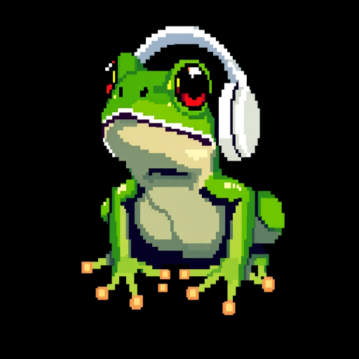Create a high-resolution pixel art image of a cute green frog with white headphones on a black background using a digital camera with a 50mm lens, f/1.8 aperture, ISO 100, and a 1/200 sec shutter speed.