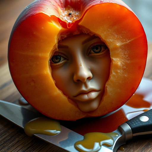 A hyperdetailed photorealistic macro color saturated high resolution image of a peach cut in half, with the peach pit being a highly detailed sculpted woman's face with her eyes open and peach-colored irises. The face has a marble texture. The image includes condensation, moisture, and peach juice. The peach is on a wooden cutting board with a small fruit knife nearby, also covered with juice.