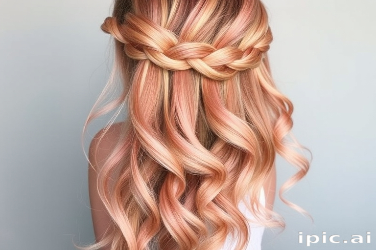 Romantic rose gold waves styled in the "Blush Cascade" half-up fishtail braid, long flowing layers with soft pink undertones, face-framing pieces gently curled, subtle copper highlights adding warmth, dreamy ethereal appearance