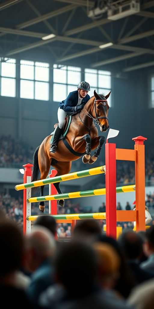 High-quality image of a show jumper riding a horse over a colorful jumping obstacle in an indoor arena, captured with a Canon EOS R5, EF 24-70mm f/2.8L lens, aperture f/4, shutter speed 1/1000s, ISO 400, focus on the horse and rider in action, with a shallow depth of field to blur the background crowd.