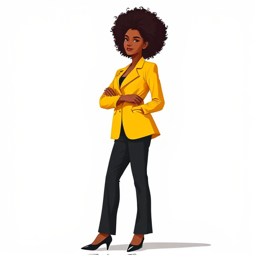 Create a stylized illustration of a woman standing confidently in a vibrant yellow blazer and black pants with curly hair, set against a minimalist background, using a 50mm lens with f/2.8 aperture, soft lighting, and a slight upward angle for a dynamic perspective, digital illustration style.