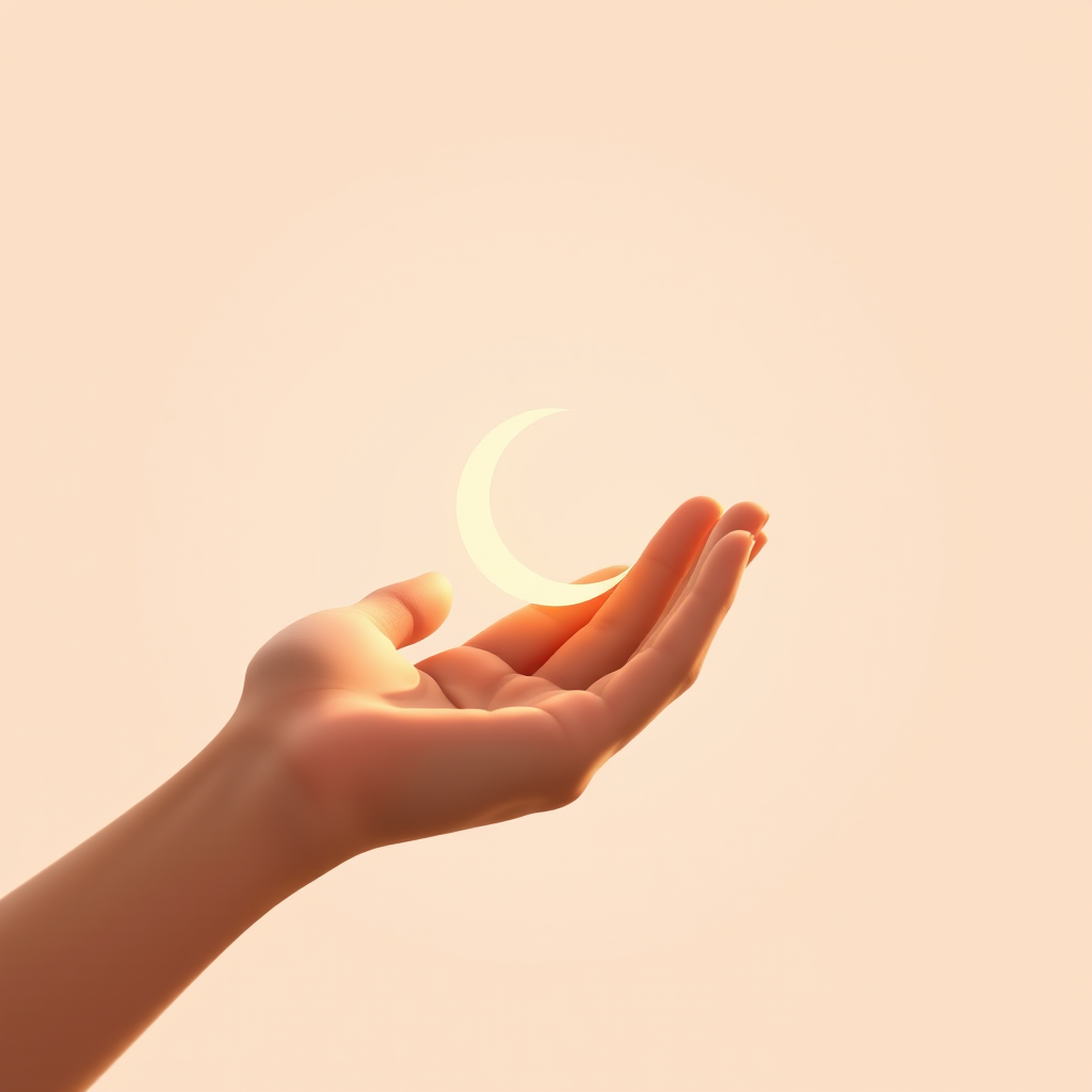 A minimalist illustration of a hand gently cradling a crescent moon, with soft, warm tones, shallow depth of field, shot at f/2.8, 50mm lens, natural light, high-quality digital rendering.