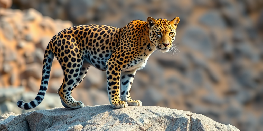 A realistic illustration of a leopard standing on a rocky surface, captured with a DSLR camera at 50mm focal length, f/4 aperture, ISO 100, in natural lighting with a shallow depth of field.