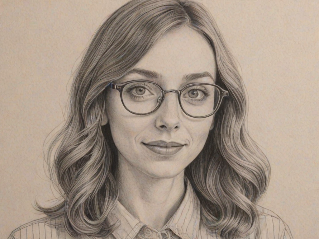 Delightful Lauren Lapkus, pencil sketch, portrait of Superb woman 1973s in glasses, hair style beatnik, outline, clear lines, fine lines, 8k