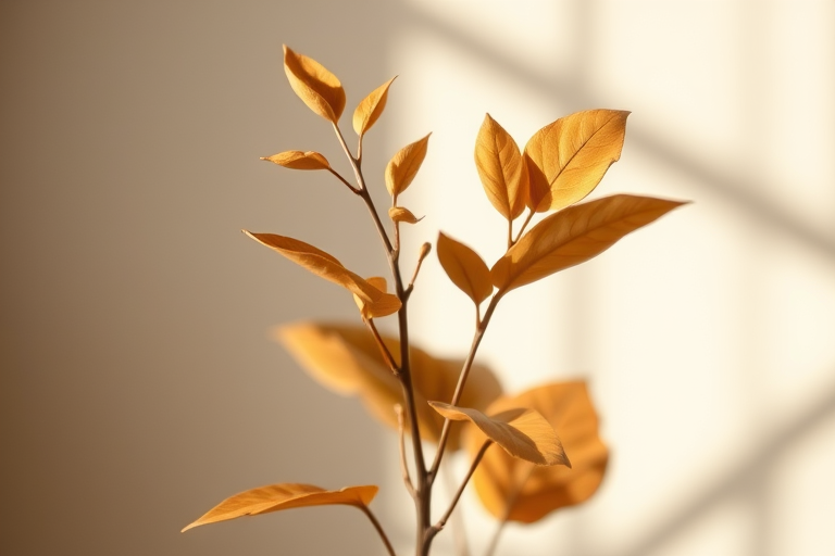 Create a modern abstract art piece featuring a stylized plant with various leaf shapes in earthy tones, influenced by minimalism, using a soft focus effect with a Canon EOS R5, 50mm lens at f/2.8, ISO 100, and natural lighting to enhance color vibrancy and texture.