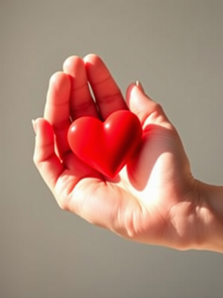 Create a high-resolution vector image of a minimalist hand holding a heart, focusing on smooth lines and soft curves, captured with a full-frame DSLR camera at f/2.8, ISO 100, 50mm lens, with a shallow depth of field for a background blur, in natural light.