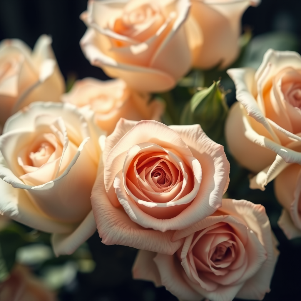 close-up of white roses and cream roses in full bloom, soft natural lighting, shallow depth of field, f/2.8 aperture, 50mm lens, DSLR camera, vibrant color saturation, high-resolution imaging, macro photography style