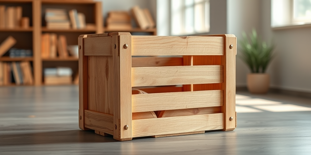 Create a realistic wooden crate in a well-lit environment, using a DSLR camera with a 50mm lens, aperture set to f/8 for sharpness, ISO 100 for low noise, 1/125 shutter speed to capture details, with a 45-degree angle view and natural lighting to enhance texture and depth.