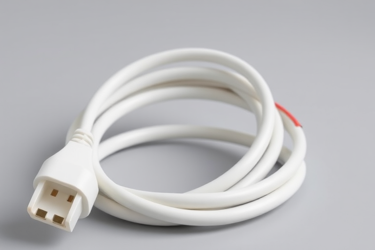 Generate a high-resolution image of a coiled white electrical extension cord with a plug at one end and exposed wires at the other end, using a DSLR camera with a 50mm lens, aperture f/2.8, ISO 100, and a soft diffused lighting setup to enhance clarity and detail.