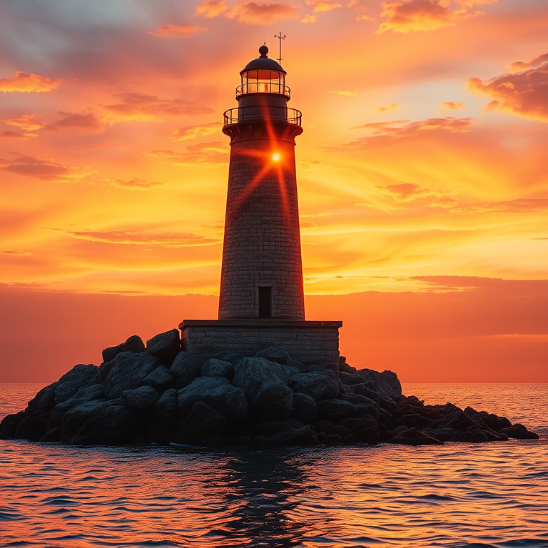 Generate an image of a tall lighthouse perched on a rocky outcrop surrounded by calm ocean waters during a breathtaking sunset. The lighthouse stands sturdy and weathered, its stone surface illuminated by the warm golden light of the setting sun. The sun's rays pass directly through the glass lantern room at the top of the lighthouse, casting a brilliant light across the scene. The sky is painted with vibrant shades of orange, pink, and purple, reflecting off the tranquil sea. The surrounding water shimmers with the same warm hues, creating a serene and majestic atmosphere.