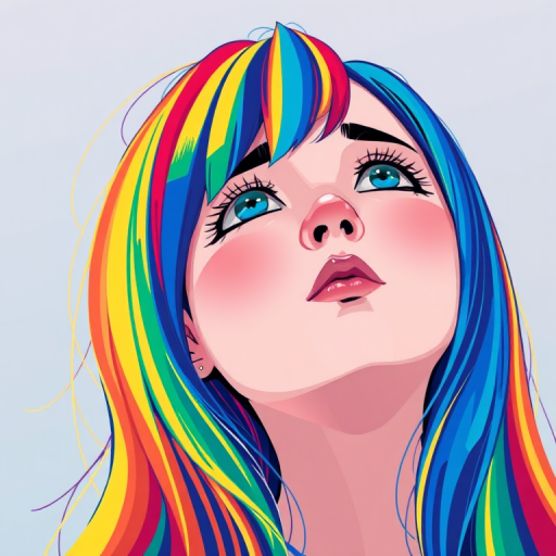 Create a vibrant, colorful illustration of a girl with rainbow-striped hair looking upwards, using a high-resolution digital art style, shot from a slight low angle to enhance depth, with a focus on bright colors and smooth lines, simulating a Canon EOS R5 with a 50mm lens at f/1.8, ISO 100, and soft natural lighting to improve image quality.