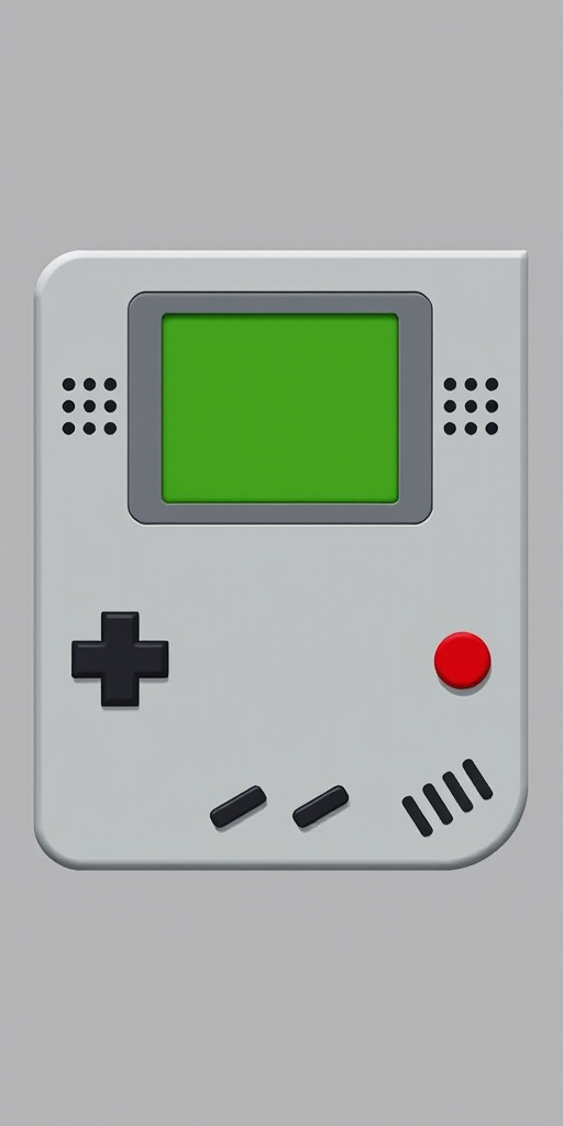Create an illustration of a retro handheld gaming console with a green screen, large buttons labeled A, B, and a directional pad, designed in a minimalist gray style, captured with a DSLR camera at f/2.8 aperture, 50mm lens, natural lighting, high resolution, front view.