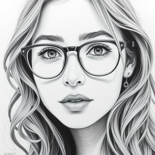 Create a stunning and detailed pencil drawing of a young woman with wavy hair and glasses, capturing her captivating expression and delicate features.