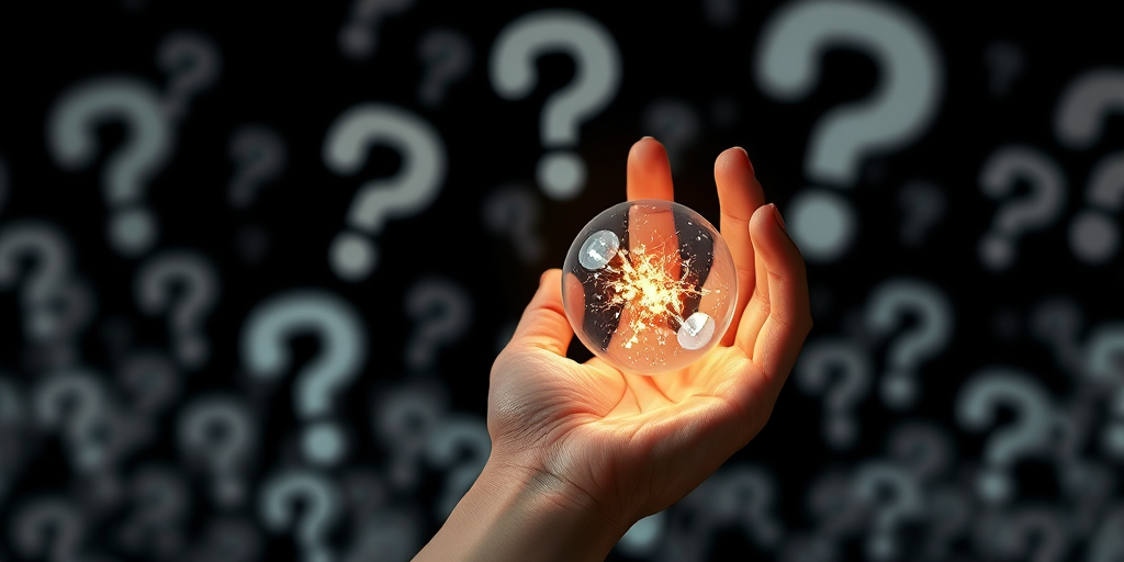 Photograph of a human hand holding a glowing orb representing information and uncertainty, surrounded by abstract question marks in the background, taken with a DSLR camera, aperture f/2.8, shutter speed 1/125 sec, ISO 100, wide-angle lens, with soft focus and high contrast to enhance details.
