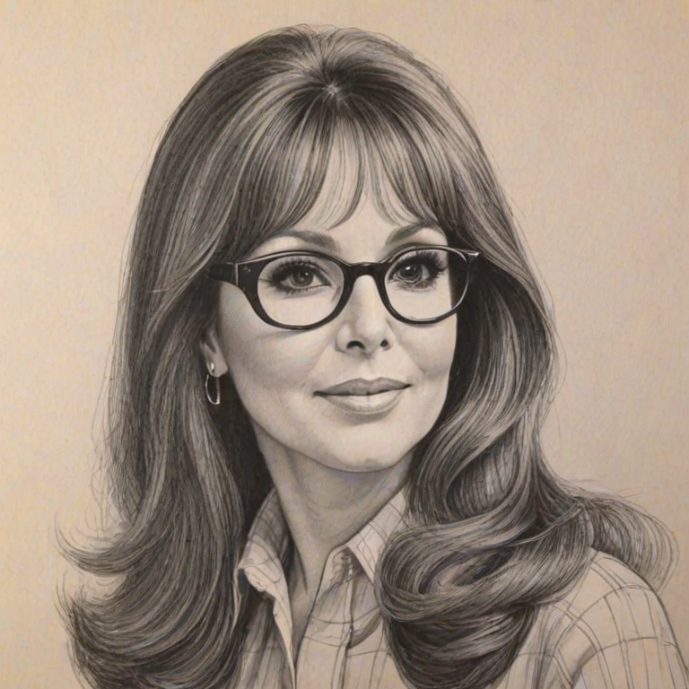 Fascinating Marlo Thomas, pencil sketch, portrait of Magnificent woman 1970s in glasses, hair style beatnik, outline, clear lines, fine lines, 8k