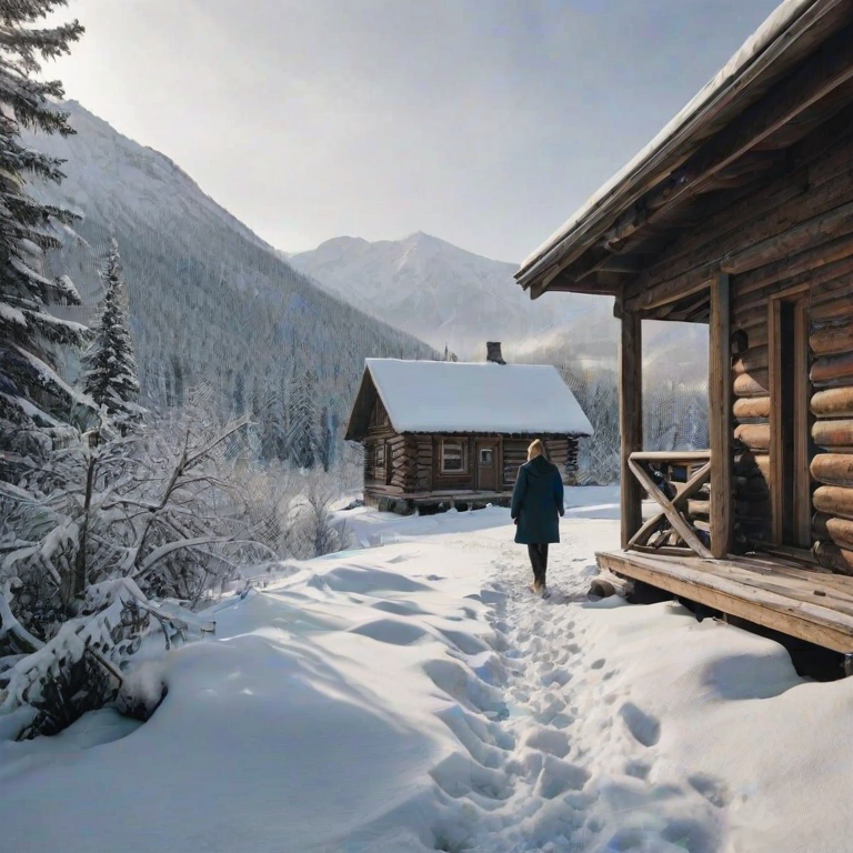 Snowy landscape of an isolated mountain cabin, a woman steps out onto the porch wrapped in a heavy coat, her breath visible in the cold morning air.