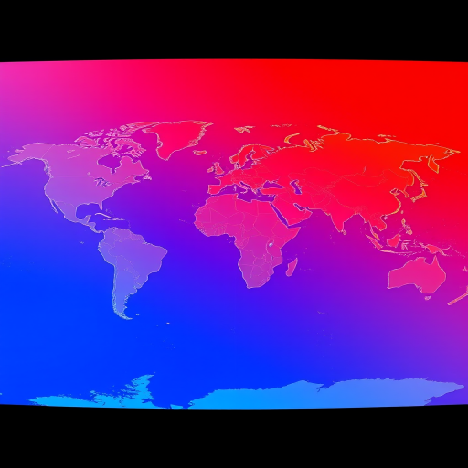 Create a high-resolution world map with a gradient color scheme transitioning from blue to red, using a wide-angle lens, f/8 aperture, 24mm focal length, and natural lighting for enhanced image quality.