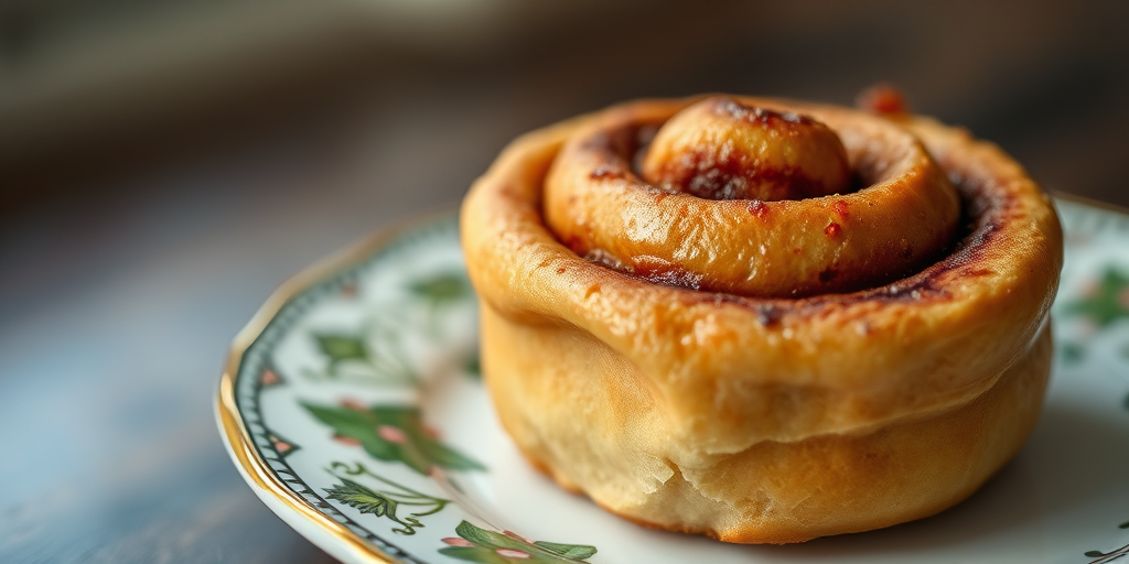 Close-up shot of a freshly baked cinnamon roll on a decorative plate, natural lighting, f/2.8 aperture, 1/60 shutter speed, ISO 200, macro lens, soft focus background.