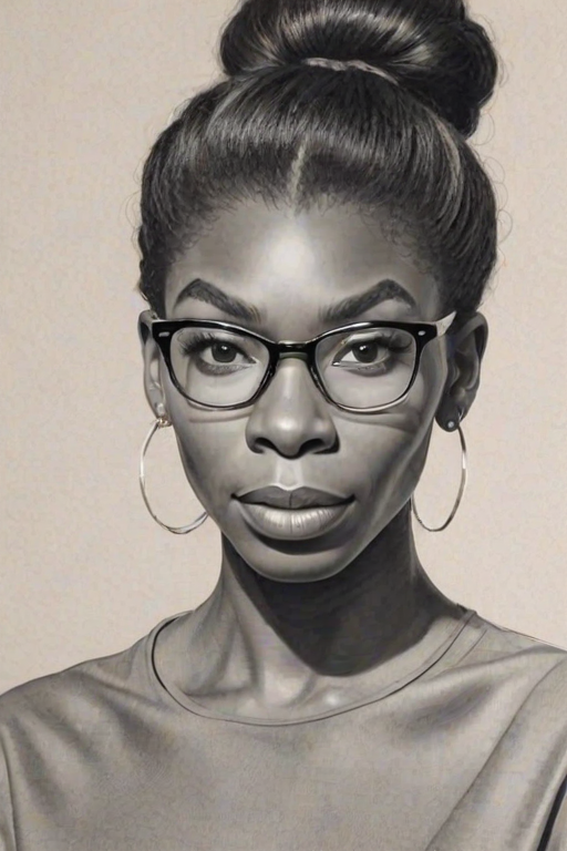 Radiant Michaela Coel, pencil sketch, portrait of Stunning woman 1965s in glasses, hair style beatnik, outline, clear lines, fine lines, 8k
