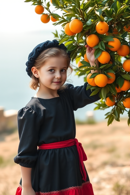 A young girl picking oranges from a tree, dressed in a vintage black and red outfit, standing in an idyllic landscape with a sea view in the background, soft focus, natural lighting, shot with a Canon EOS R5, 50mm f/1.8 lens, aperture set to f/2.8, ISO 100, shallow depth of field.