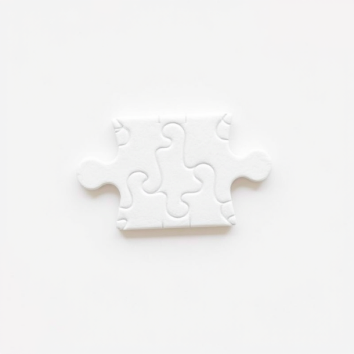 Generate a high-resolution image of a blank puzzle piece, centered in the frame, with a clean white background, using a DSLR camera with a 50mm lens, aperture set to f/2.8, ISO 100, and a shutter speed of 1/200 sec for crisp detail.