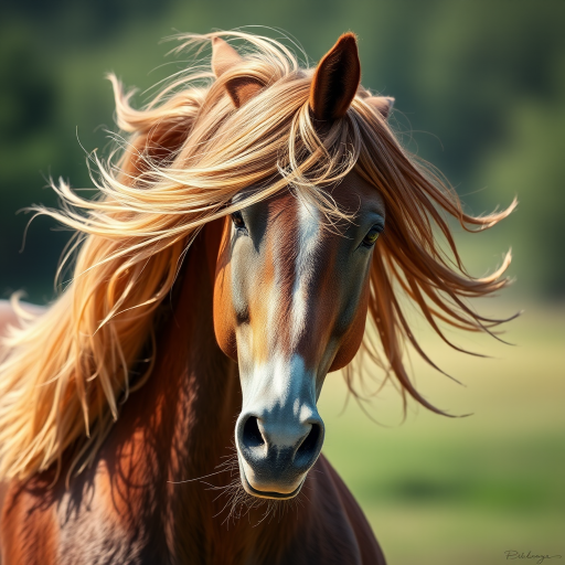 Create a high-resolution digital illustration of a horse's head with flowing mane, capturing intricate details and textures, shot using a DSLR camera with a 50mm lens at f/1.8, ISO 100, in natural soft lighting, ensuring a clear focus on the horse's features and a blurred background for depth.